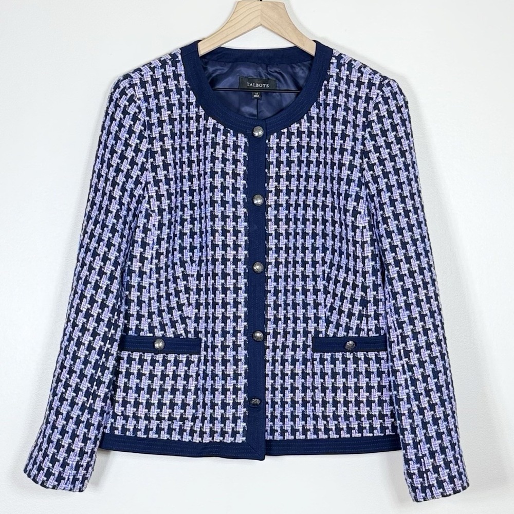 Talbots Women Tweed Jacket Size 14 Blue Lined Cotton Lady Jacket Preppy Tailored